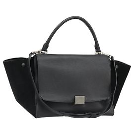 Céline CELINE Bolsa de Mão Trapeze Couro Camurça Preto Prata
