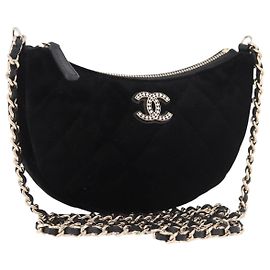 CHANEL Matelasse Chain Shoulder Bag Velor Black Gold CC