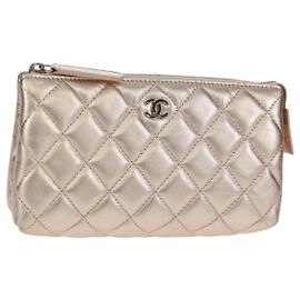 CHANEL Matelasse Pouch Lamb Skin Pink Silver CC