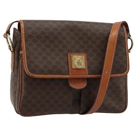 Céline CELINE Sac à épaule en toile Macadam PVC Cuir Marron Or