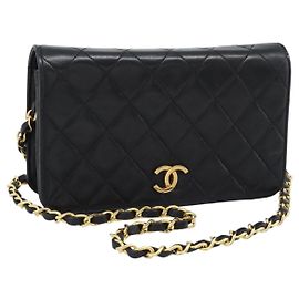 CHANEL Matelasse Chain Shoulder Bag Lamb Skin Black Gold CC
