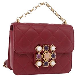 CHANEL Matelasse Chain Shoulder Bag Lamb Skin Red Gold CC