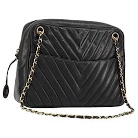 CHANEL V Stitch Chain Shoulder Bag Lamb Skin Black Gold CC