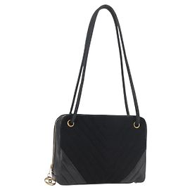 CHANEL V Stitch Shoulder Bag Cotton Black Gold CC