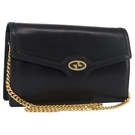 GUCCI Chain Shoulder Bag Leather Black Gold