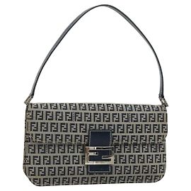 FENDI Zucchino Canvas Shoulder Bag Navy Silver
