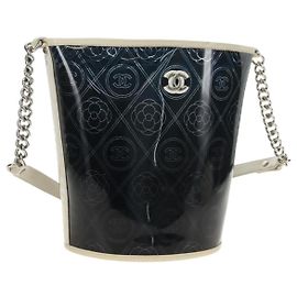 CHANEL Camelia Chain Shoulder Bag Vinyl Blue Silver CC