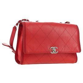 CHANEL Chain Shoulder Bag Calf Skin Red Silver CC