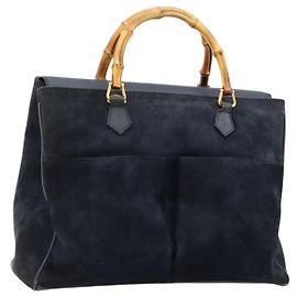 GUCCI Bamboo Tote Bag Suede Navy Gold 002 123 0322