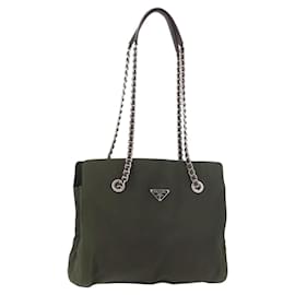 PRADA Chain Tote Bag Nylon Khaki Silver
