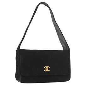 Sac à épaule CHANEL Matelassé en coton noir avec CC doré