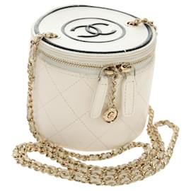 CHANEL Matelasse Chain Vanity Bag Lamb Skin White Gold CC