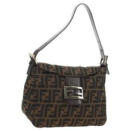 FENDI Zucca Canvas Mamma Baguette Shoulder Bag Black Brown