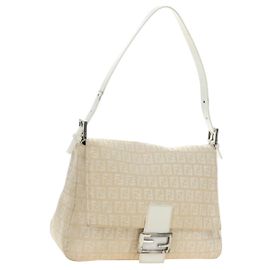 FENDI Zucchino Canvas Mamma Baguette Schultertasche Weiß Silber