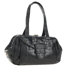 PRADA Hand Bag Leather Croco Embossed Black Gold