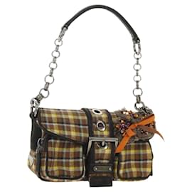PRADA Chain Shoulder Bag Canvas Brown Silver