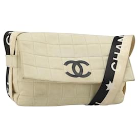 CHANEL Choco Bar Shoulder Bag Lamb Skin White Gold CC