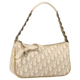 Christian Dior Trotter Canvas Romantic Shoulder Bag PVC Beige Silver