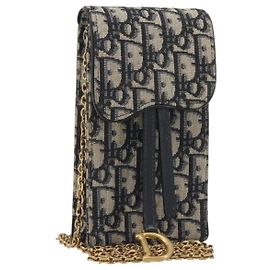 Christian Dior Trotter Chain Saddle Shoulder Bag Canvas Navy