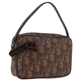Christian Dior Trotter Canvas Hand Pouch PVC Brown Silver