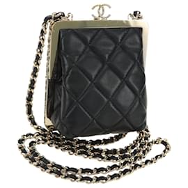 CHANEL Chain Shoulder Pouch Evening Bag Lamb Skin Black Gold CC