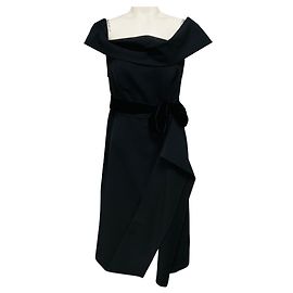 Oscar de la Renta Black Structured Wool Crepe Cocktail Dress with Velvet Ties