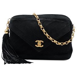 Borsa Camera Chanel CC in camoscio trapuntato nero con nappina