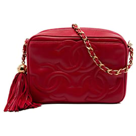 Borsa Camera Chanel Triple CC in pelle d'agnello rossa con nappe e catena