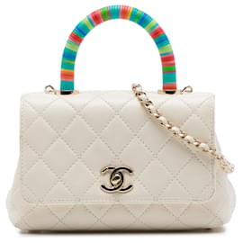 Chanel Extra Mini Rainbow Satchel aus weißem gestepptem Ziegenleder mit oberem Griff