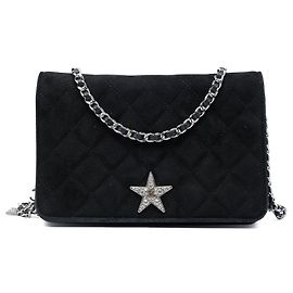 Borsa a tracolla Chanel Cocostellar Wallet on Chain in camoscio matelassé nero