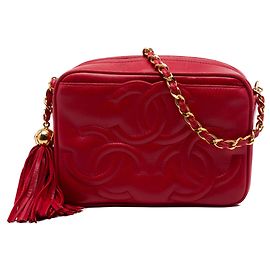 Chanel Red Triple CC Camera Bag aus Lammleder mit Quaste und Kette