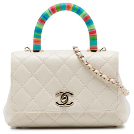 Chanel White Extra Mini Quilted Goatskin Rainbow Top Handle Flap
