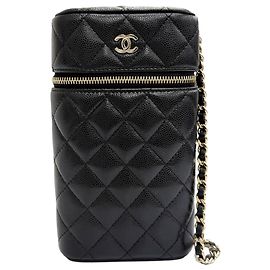 Chanel Black CC Quilted Caviar Handyhalter mit Kette