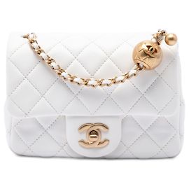 Chanel White Mini Square Classic Lambskin Pearl Crush Single Flap