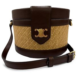 Céline Celine Beige Medium Raffia and Calfskin Triomphe Tambour Crossbody