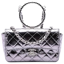 Chanel Mini Borsa Ring Top Handle in vitello metallizzato matelassé argento