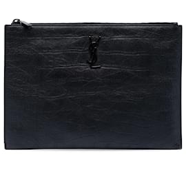 Portadocumenti Saint Laurent in pelle goffrata effetto coccodrillo nero con monogramma