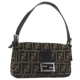 Borsa a tracolla FENDI Zucca Canvas Mamma Baguette Marrone Nero Auth am12413V