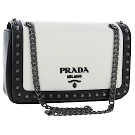 PRADA Schultertasche mit Kette aus Leder Weiß Silber Authentisch 195508V