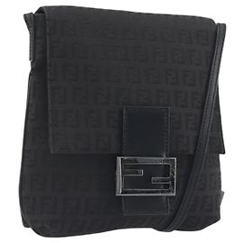 Borsa a tracolla FENDI Zucchino Canvas Mamma Baguette Nera Auth 198707A