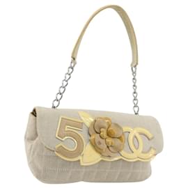 Borsa a catena CHANEL No. 5 Camellia COCO Mark in tela beige e argento CC Auth ka5765A