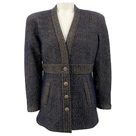 Chanel Tweed-Jacke aus Wolle in Navy Blau / Gold mit Gripoix-Knöpfen