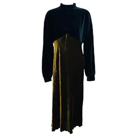 Vestido midi de veludo de manga comprida Dries Van Noten Azul marinho / Ouro escuro