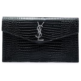 Saint Laurent Uptown Clutch-Tasche aus Leder mit Krokoprägung in Schwarz