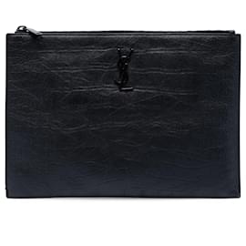 Clutch porta documenti Saint Laurent in pelle embossed effetto coccodrillo nero con monogramma