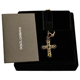 Dolce & Gabbana Collana con Pendente a Croce Oro e Cristalli Neri
