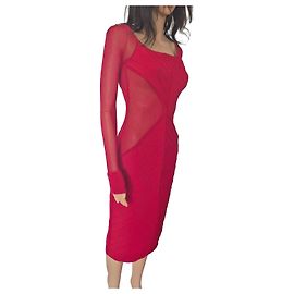 Herve Leger Hervé Léger rotes Bodycon Strickkleid mit Mesh-Einsätzen