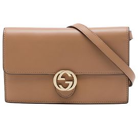 Portafoglio con catena Gucci in pelle di vitello beige con G intrecciate