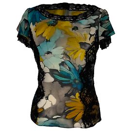 D&G Dolce & Gabbana Bluse aus multicolored Seide mit floraler Spitzenborte