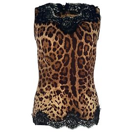 Camiseta de tirantes de seda marrón con estampado de leopardo y ribete de encaje Dolce & Gabbana